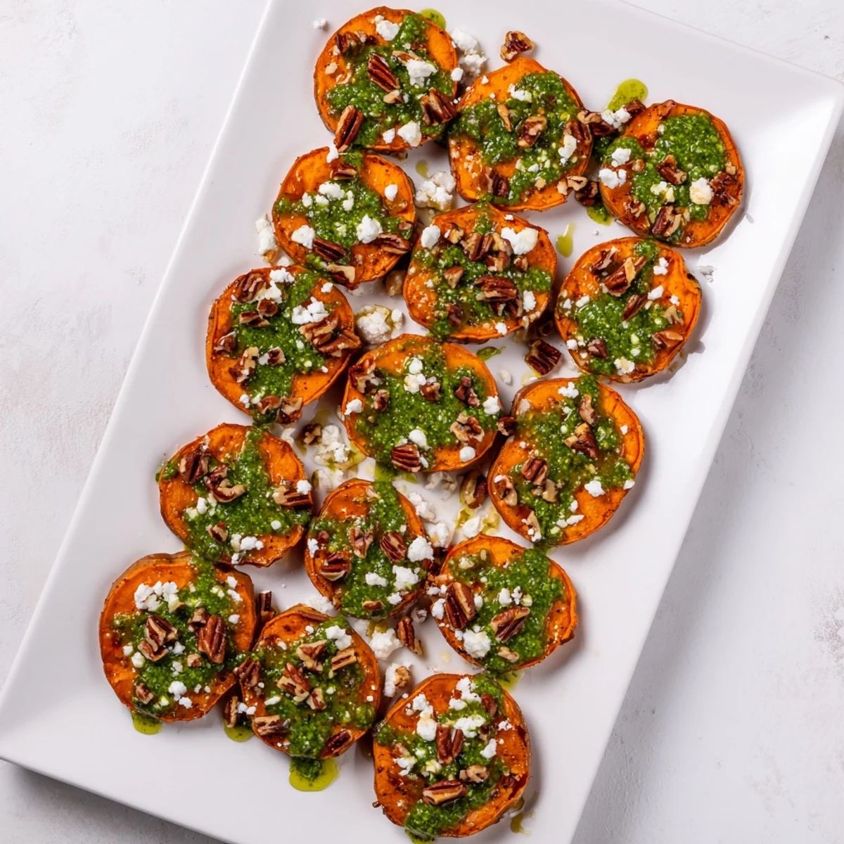 Golden roasted sweet potato rounds topped with crumbled feta and honey drizzle