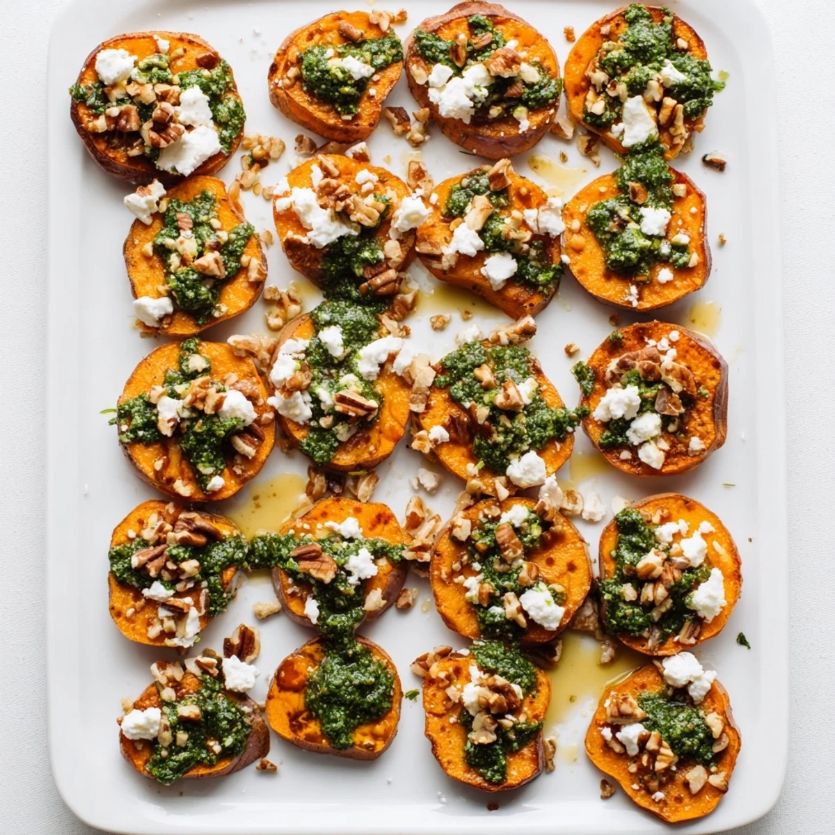 Appetizer platter featuring honey feta sweet potato crostini with vibrant green herb drizzle