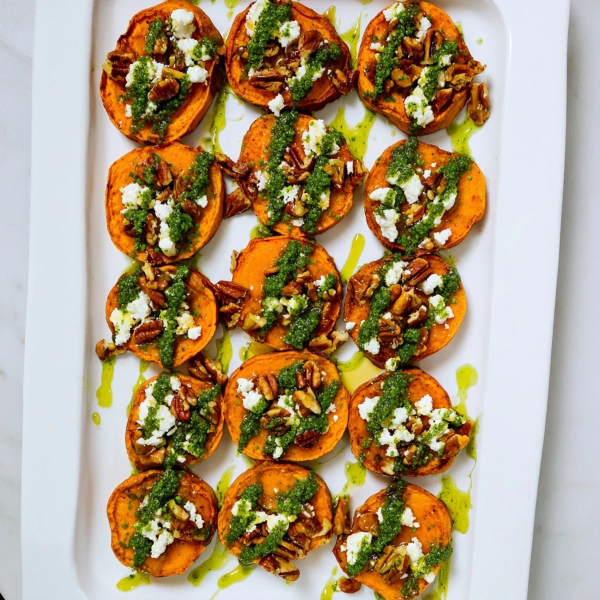 Mediterranean style sweet potato crostini garnished with creamy feta and fresh herb sauce