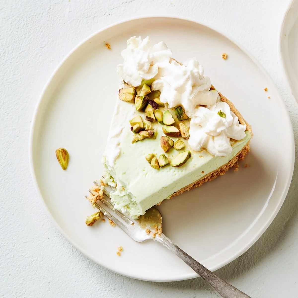 Creamy pistachio cheesecake with buttery graham cracker crust topped with whipped cream and chopped green nuts