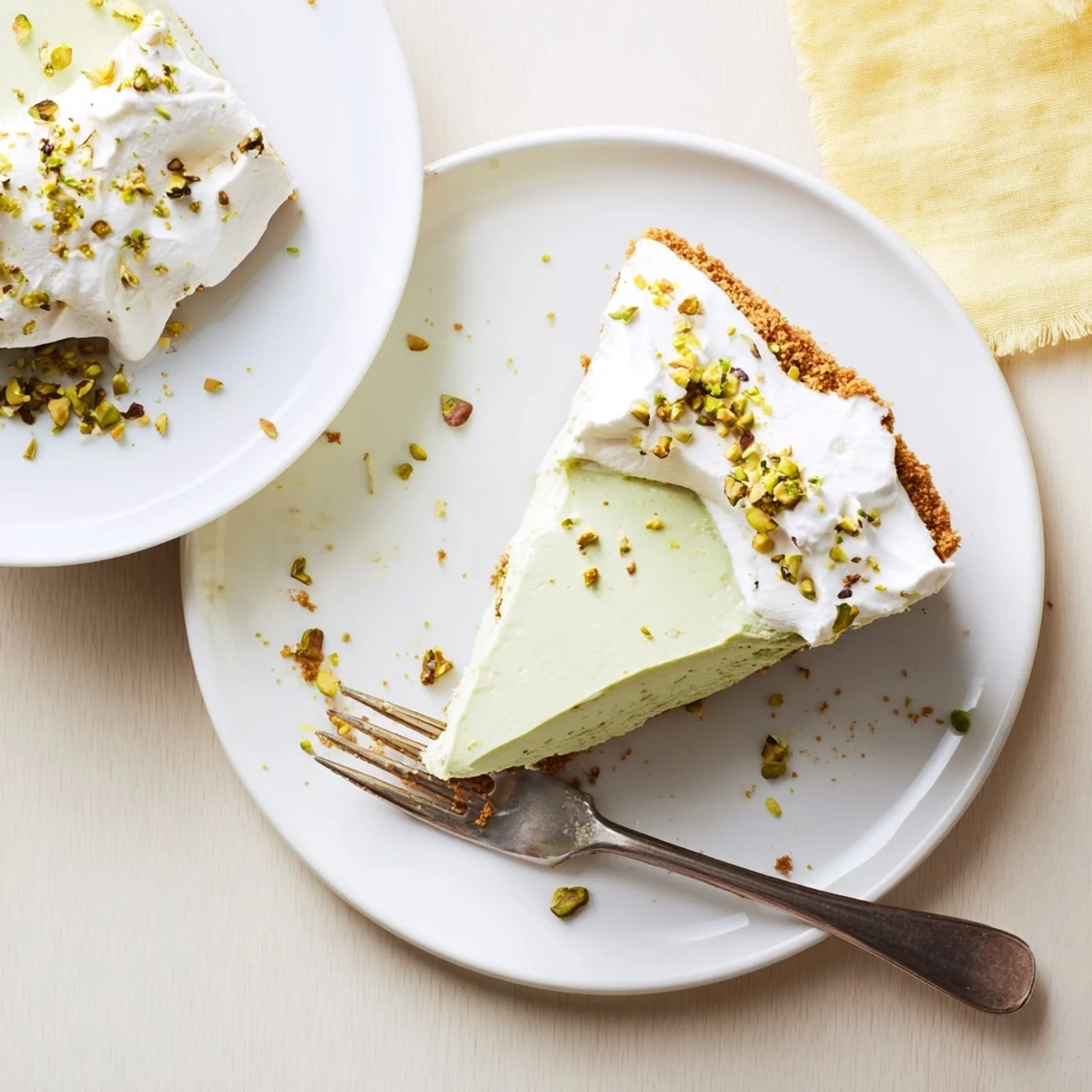 Rich pistachio cheesecake with fluffy cream topping and crushed pistachios garnished on a rustic wooden board