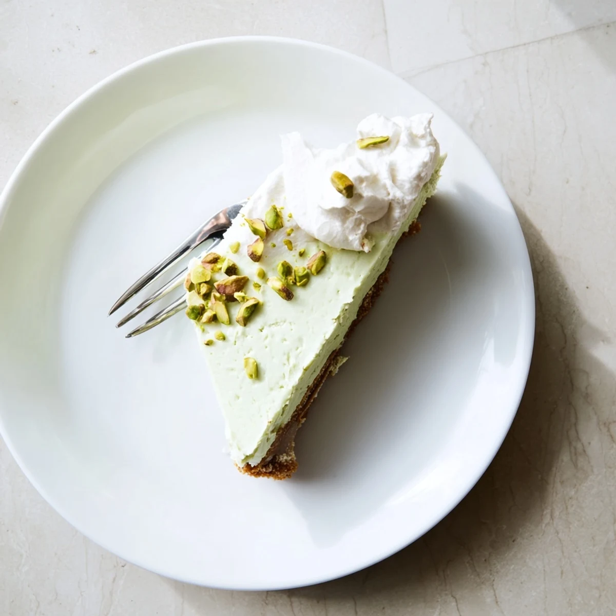 Golden-crusted pistachio cheesecake slice revealing smooth green-speckled filling on a white dessert plate