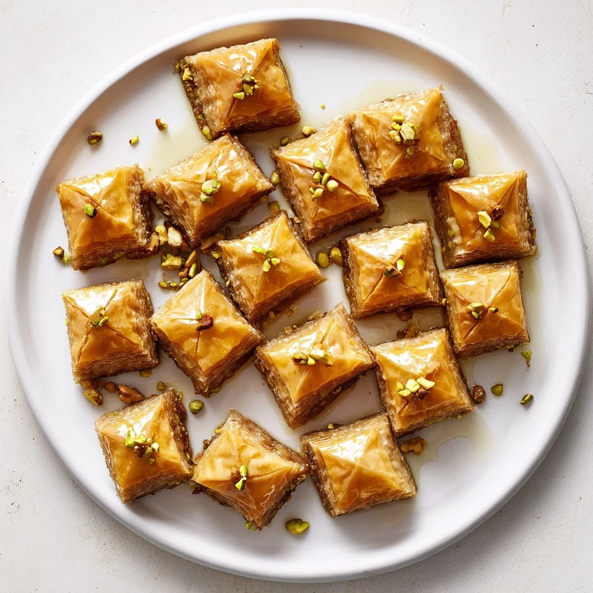 Golden baklava dessert with flaky phyllo layers and chopped walnuts pistachios almonds