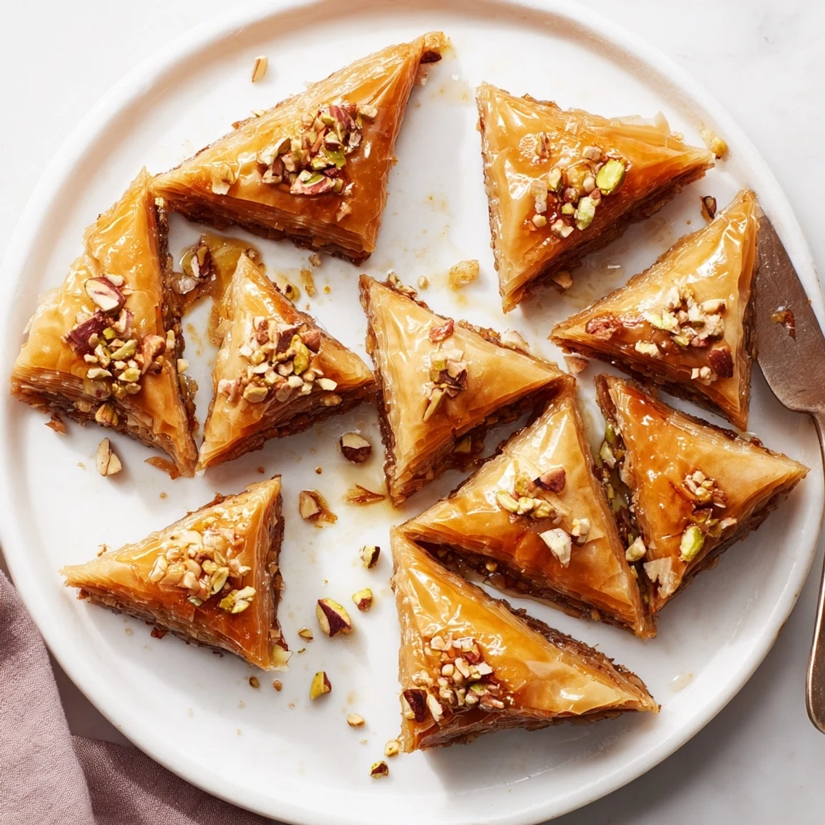 Sweet sticky baklava squares glistening with honey syrup on a serving platter