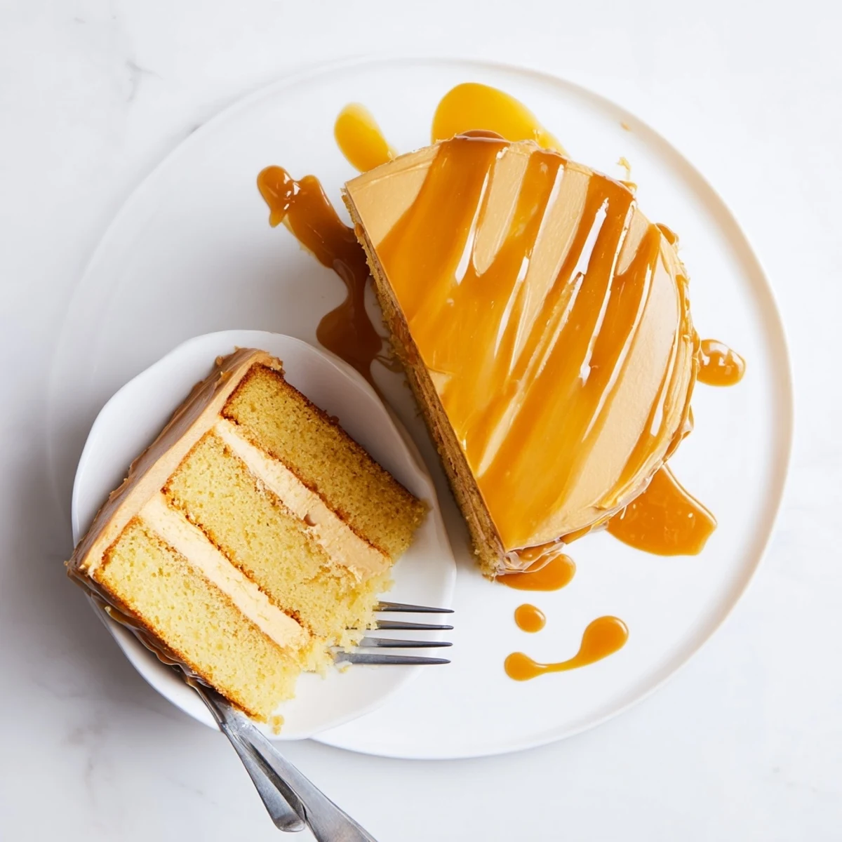Golden layered caramel cake drizzled with silky frosting and glossy amber sauce on a white serving plate