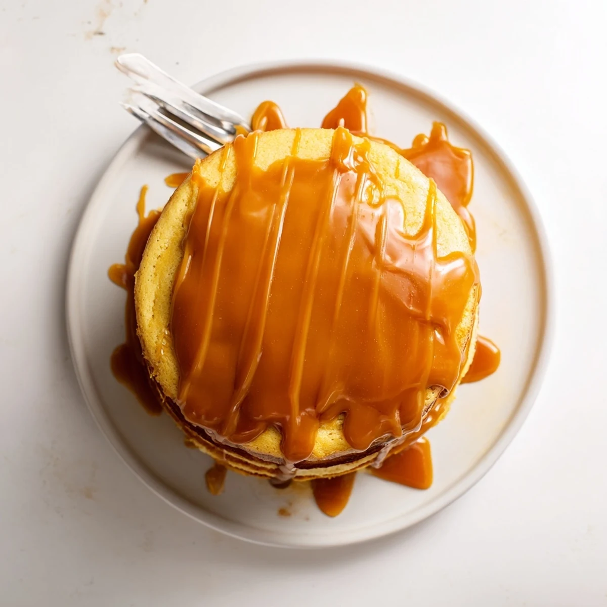 Indulgent three-layer caramel cake with creamy frosting and decadent golden sauce dripping down the sides