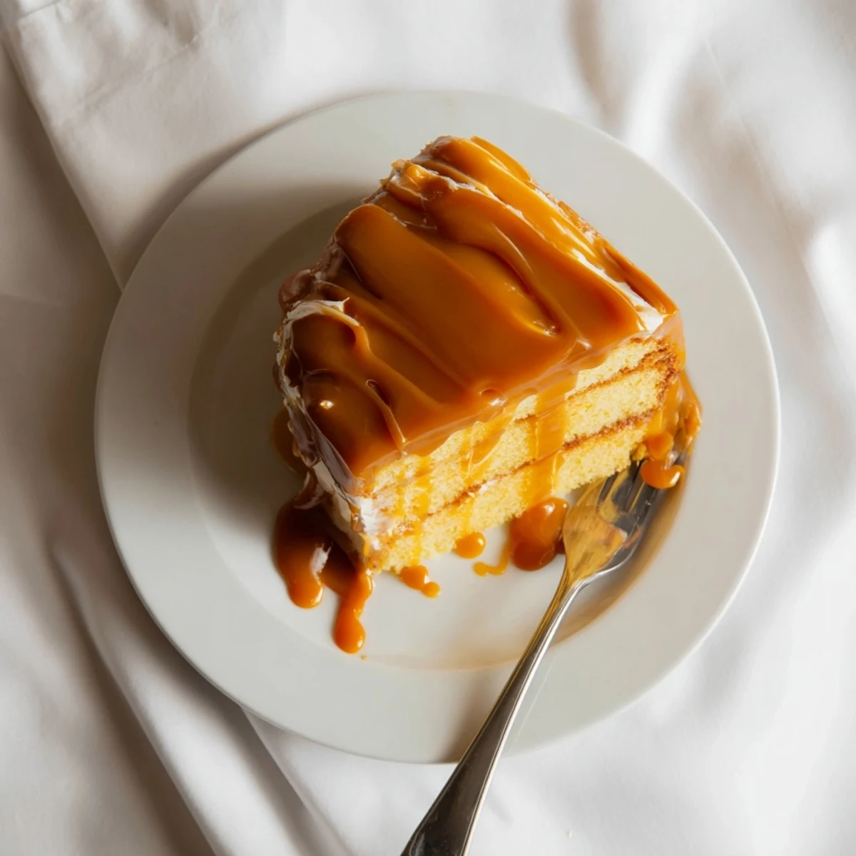 Rich buttery caramel cake stacked with three moist layers and topped with smooth sweet frosting for dessert