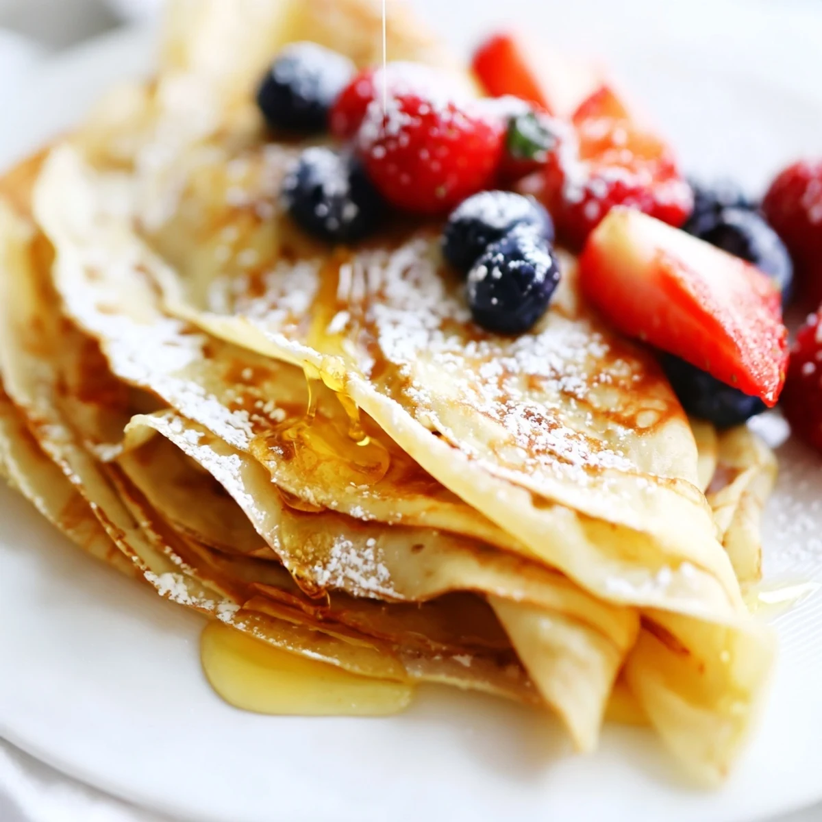 Golden honey cascades over delicate French crepes, stacked neatly on a white plate
