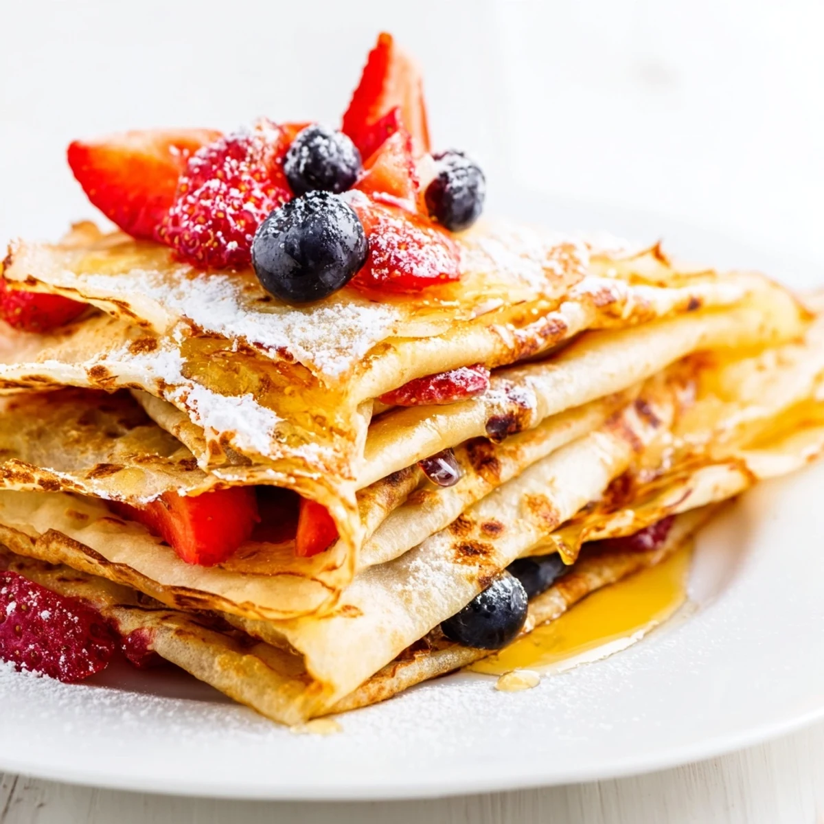 Warm, thin crepes generously drizzled with amber honey, dusted with powdered sugar on top