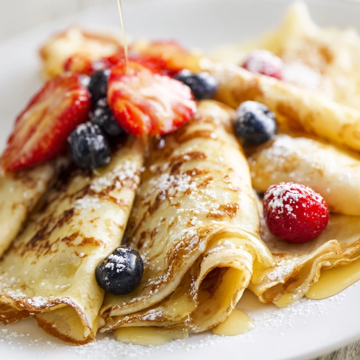 Soft, lacy crepes with honey glaze served on a rustic wooden board with fresh berries
