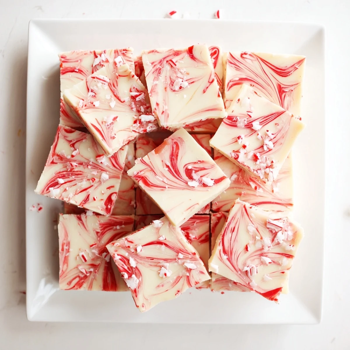Holiday peppermint swirl fudge showing red and white marbled chocolate patterns with sparkling peppermint crunch