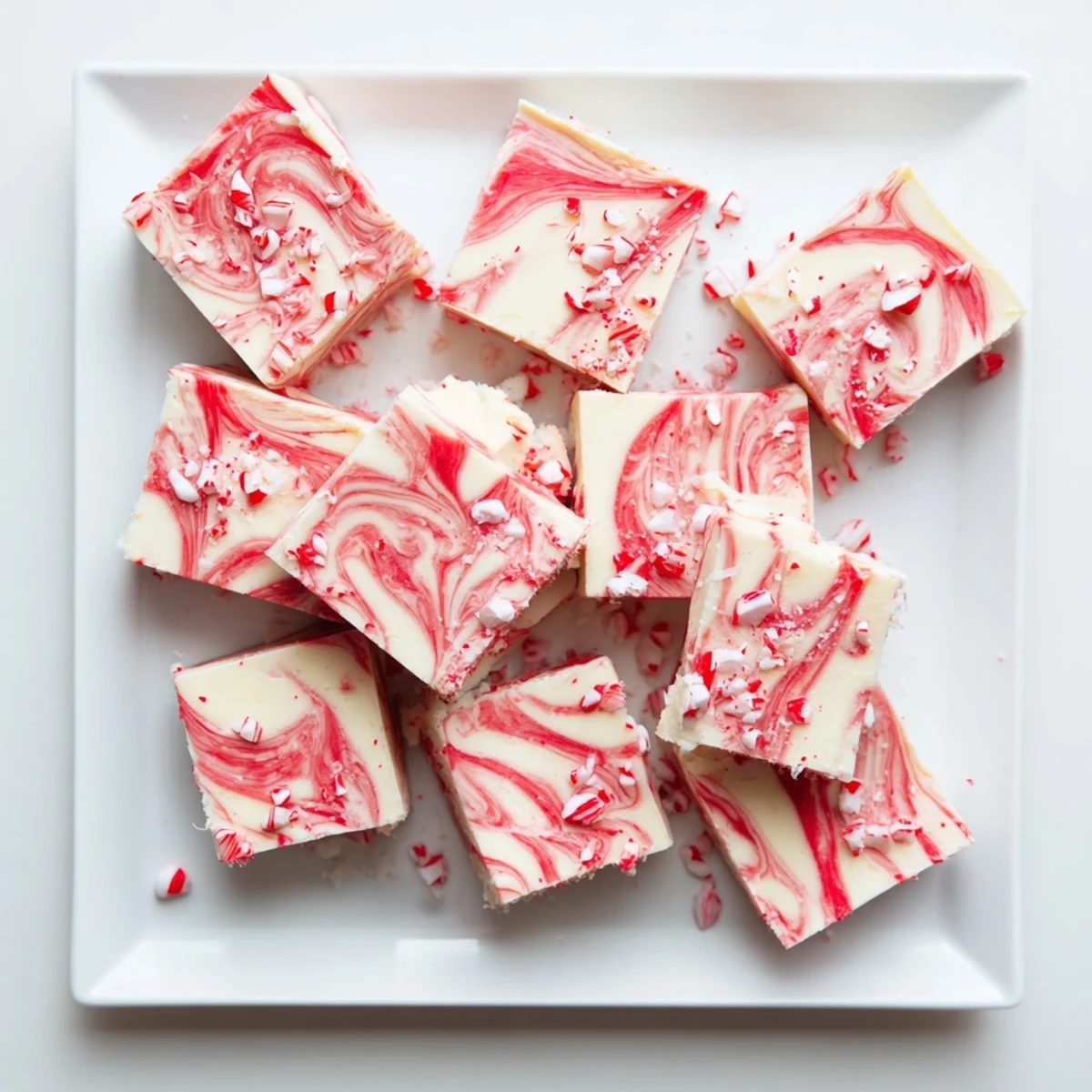 Creamy peppermint swirl fudge squares topped with crushed candy cane pieces on a white plate