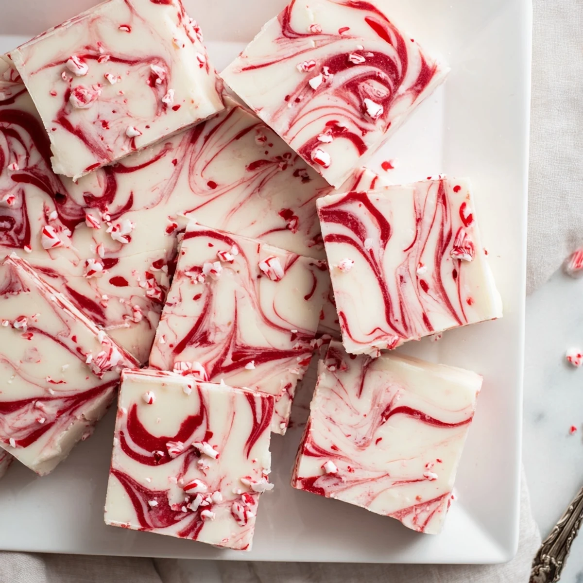 Easy peppermint swirl fudge displayed on a festive serving board with red and white candy garnishes