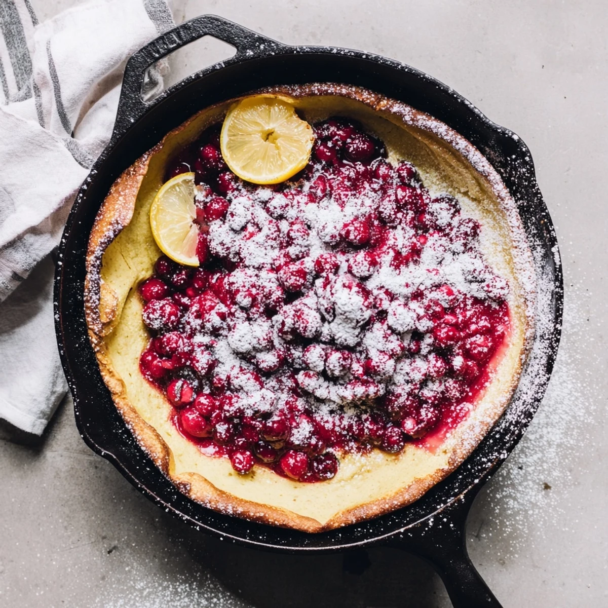 Golden Dutch baby pancake topped with vibrant red cranberry compote and powdered sugar