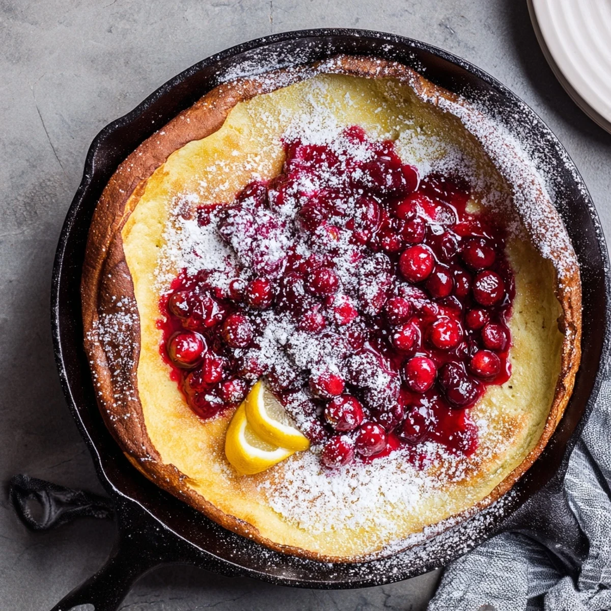 Fluffy oven-baked Dutch baby with tangy cranberry sauce served warm for brunch