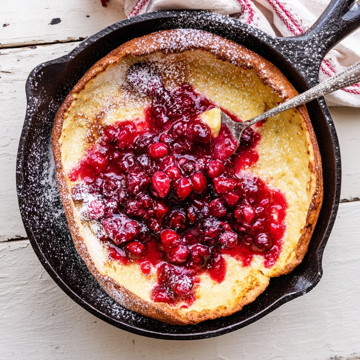 Puffy golden Dutch baby pancake drizzled with sweet tart cranberry compote on skillet