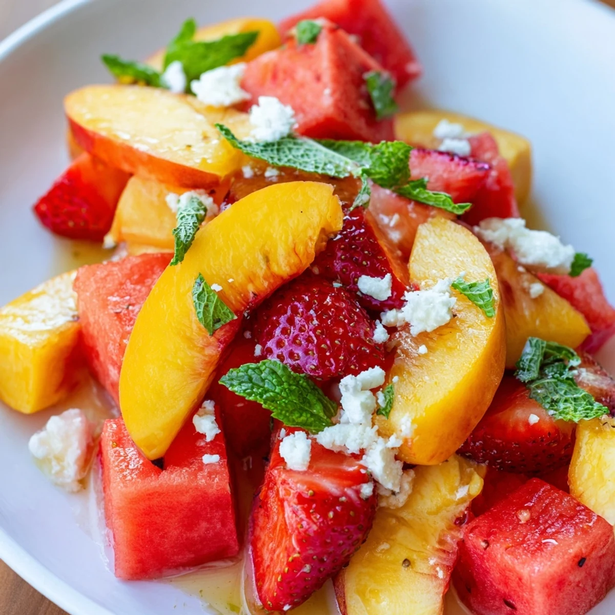 Summer Peach Watermelon Salad bowl with juicy fresh fruit and bright mint leaves drizzled with lime dressing