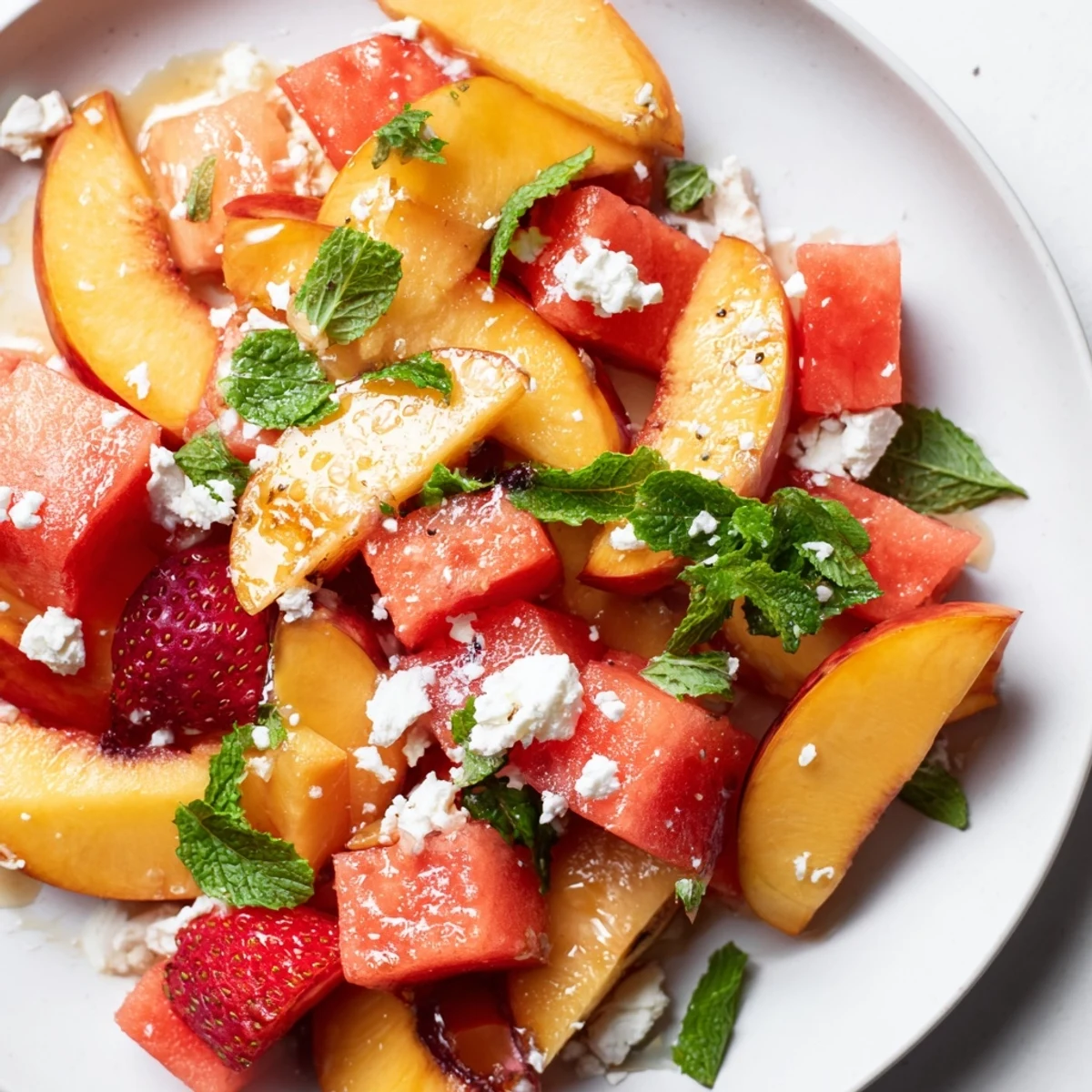 Vibrant Summer Peach Watermelon Salad featuring sliced peaches, watermelon cubes, and torn mint on a white serving platter