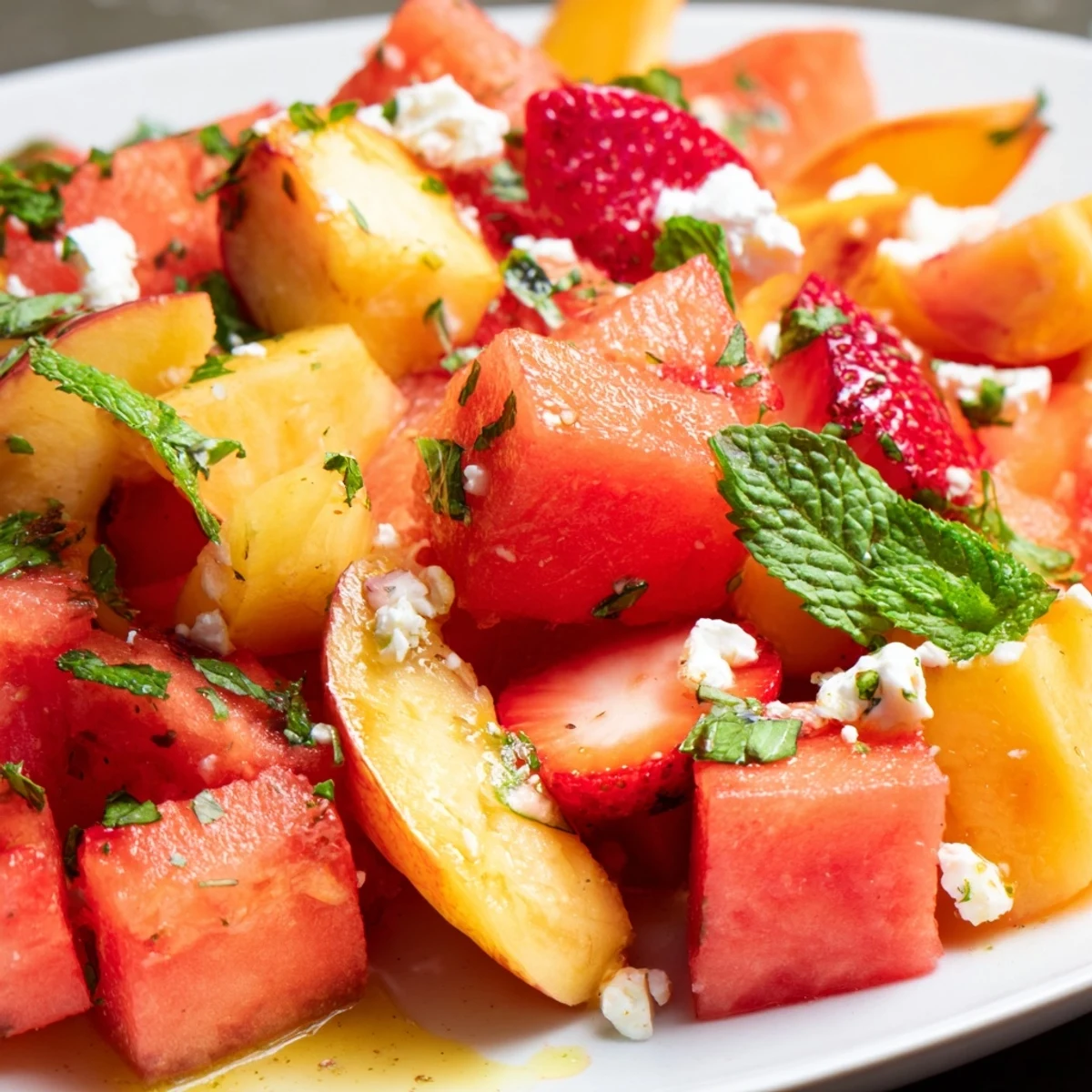 Refreshing Summer Peach Watermelon Salad tossed in zesty lime dressing and topped with crumbled feta cheese