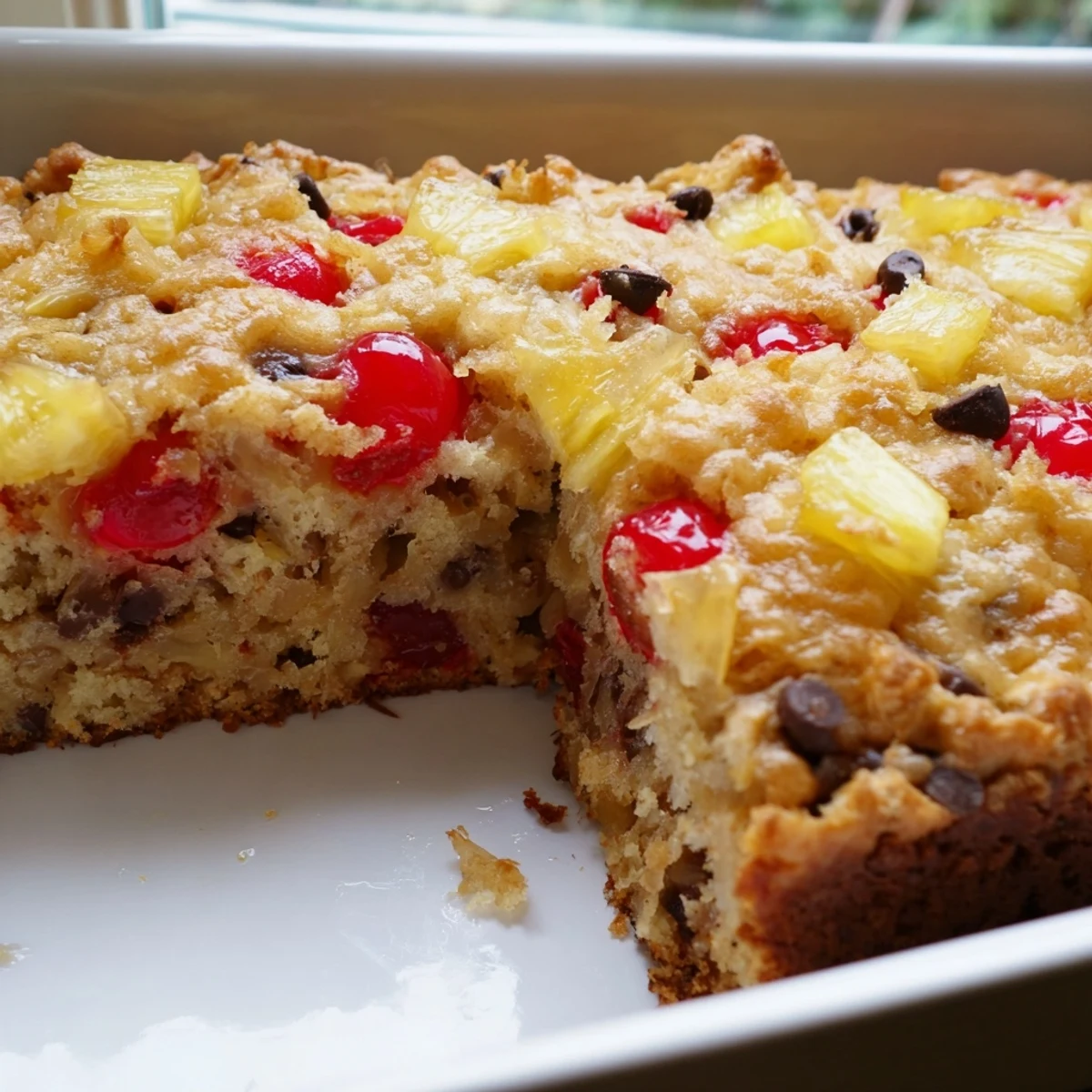 Golden banana split dump cake fresh from the oven with bubbling fruit filling and chocolate chips