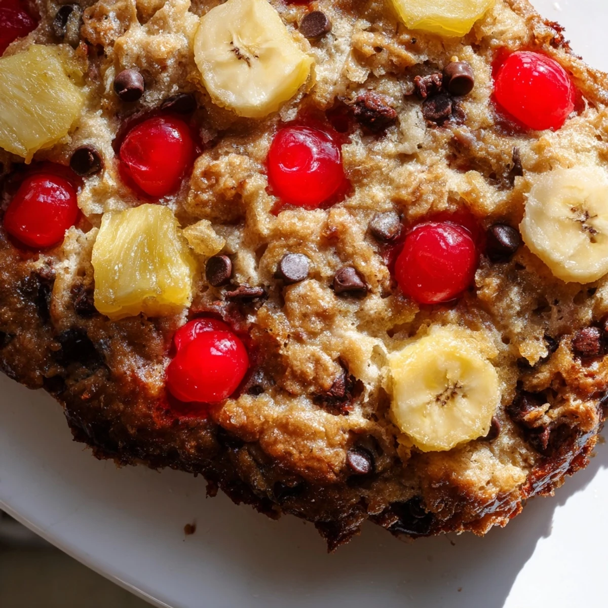 Sliced baking dish showing layered pineapple, cherries, and bananas beneath buttery yellow cake mix crumble