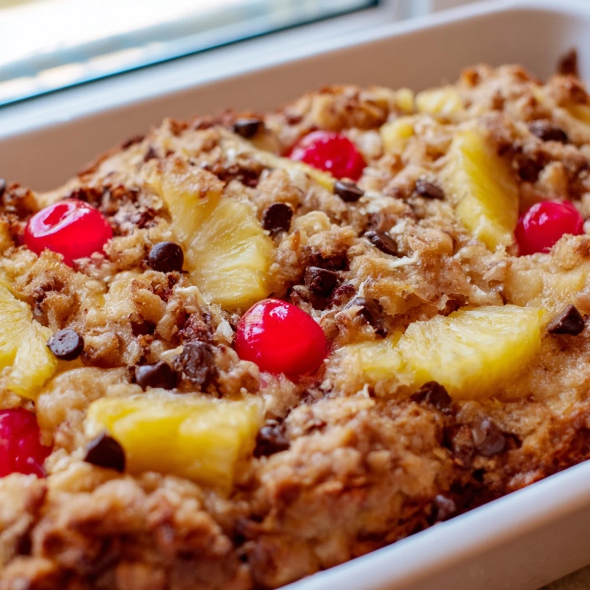 Warm banana split dump cake topped with whipped cream, chocolate syrup, and extra maraschino cherries