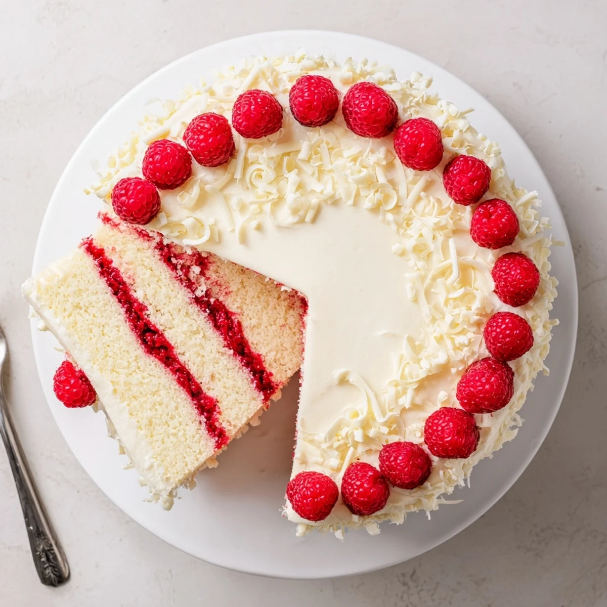 Elegant white chocolate raspberry dream cake with layers of moist sponge and tart raspberry filling