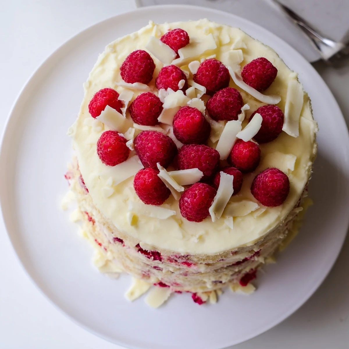 Decadent triple-layer white chocolate raspberry dream cake topped with fluffy cream cheese frosting