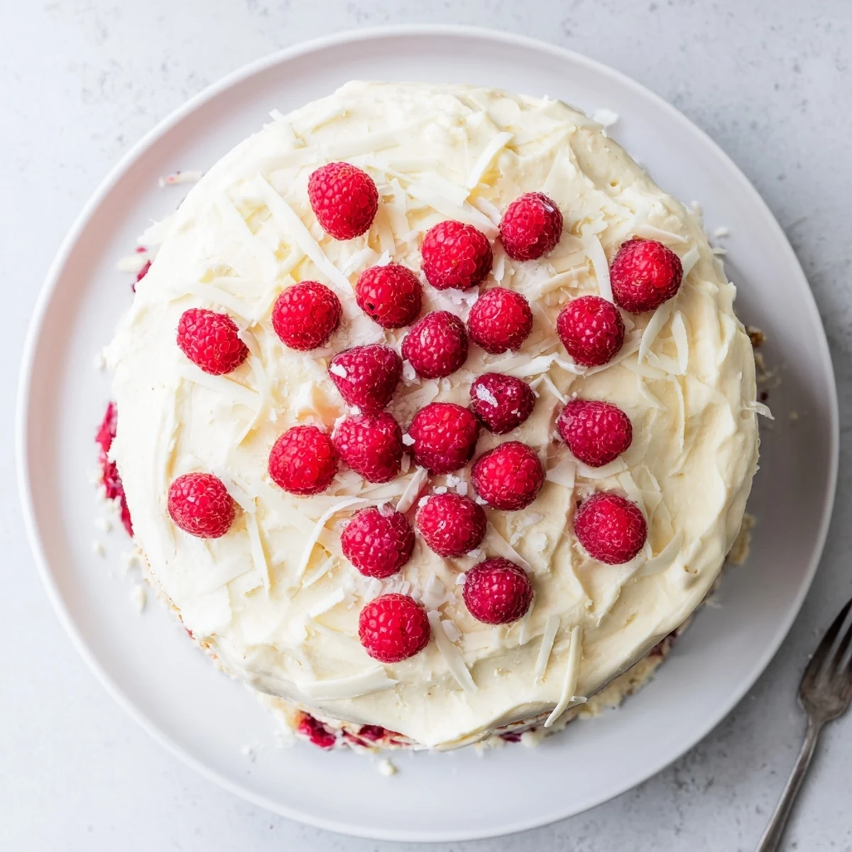 Luscious white chocolate raspberry dream cake slice featuring fresh berries and creamy white chocolate frosting