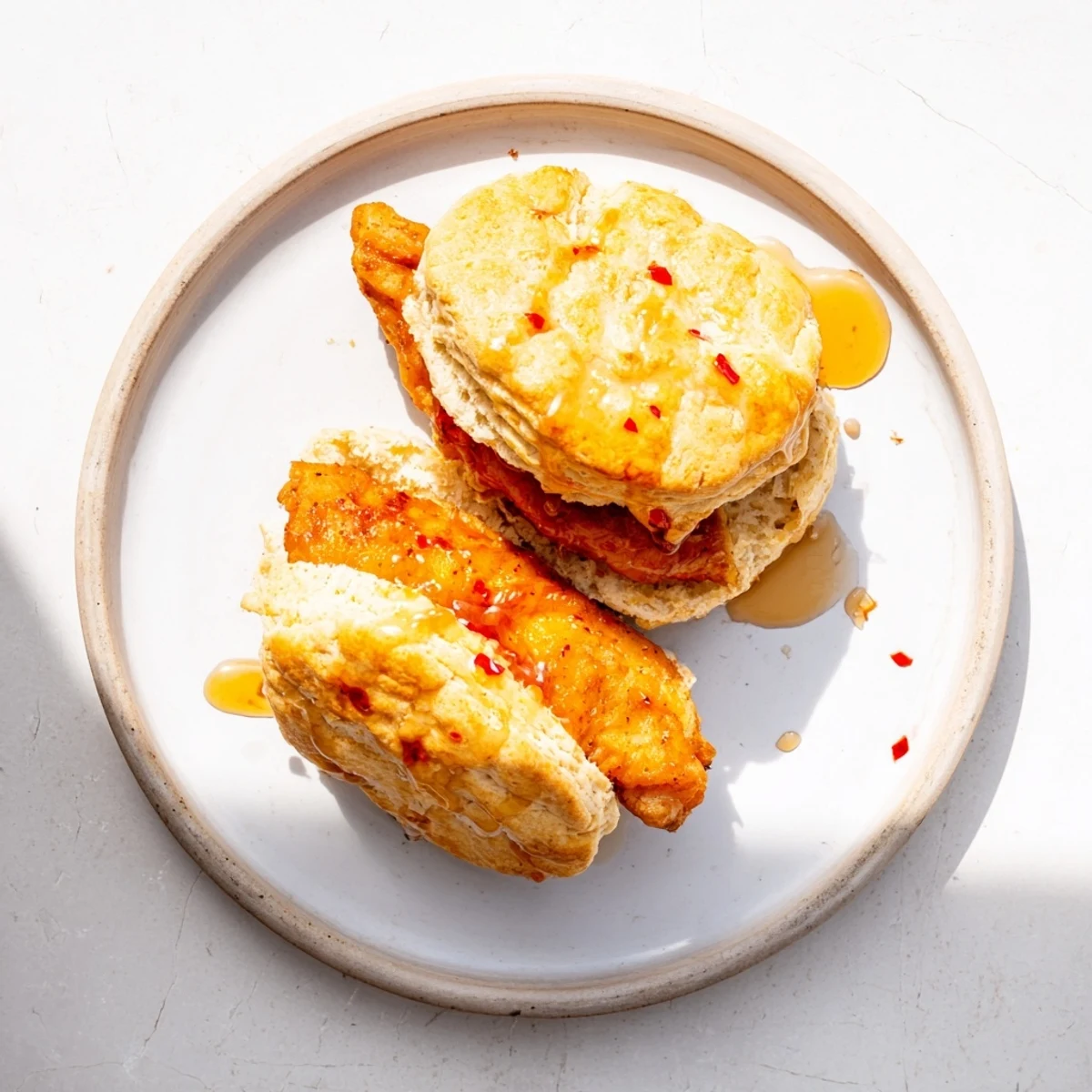 Golden brown butterm biscuit sandwich stacked with crispy fried chicken drizzled in spicy sweet honey