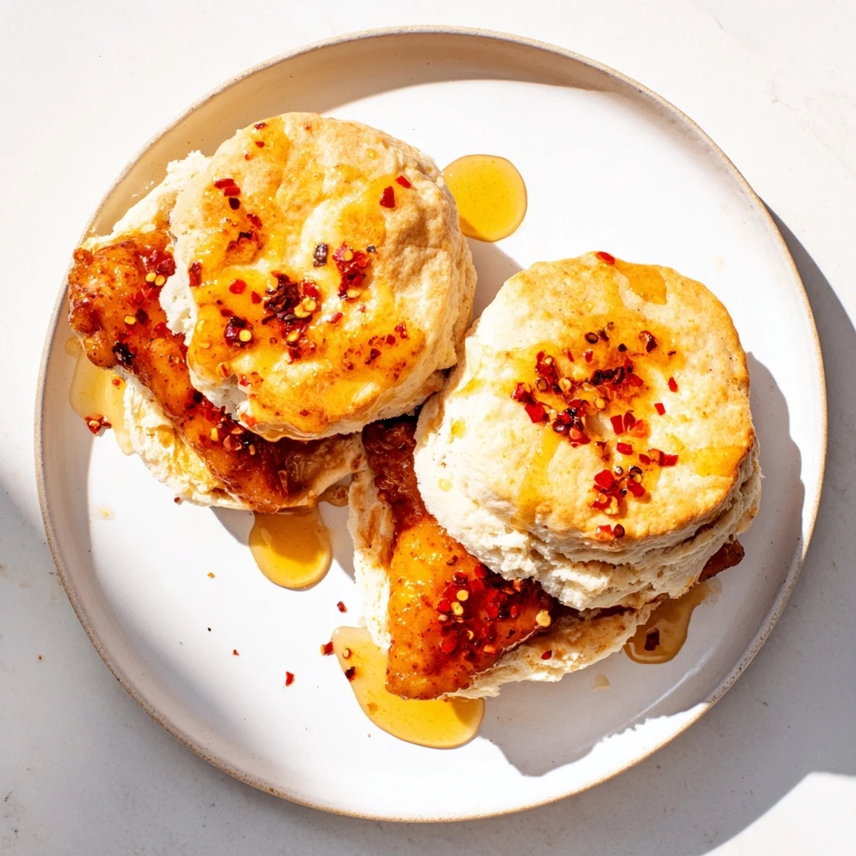 Split fluffy biscuit filled with golden fried chicken thigh glazed with red pepper flecked hot honey