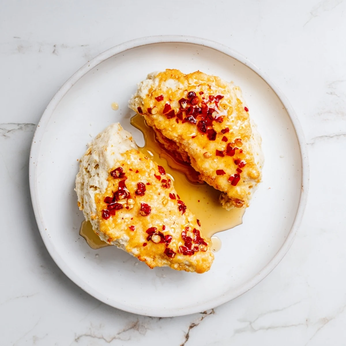 Southern style sandwich featuring crunchy fried chicken on buttery biscuit topped with warm spicy honey glaze