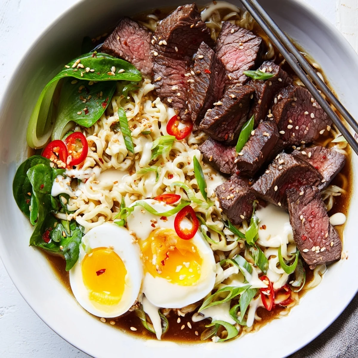 Bowl of spicy beef ramen with creamy garlic sauce topped with soft-boiled egg and fresh garnishes