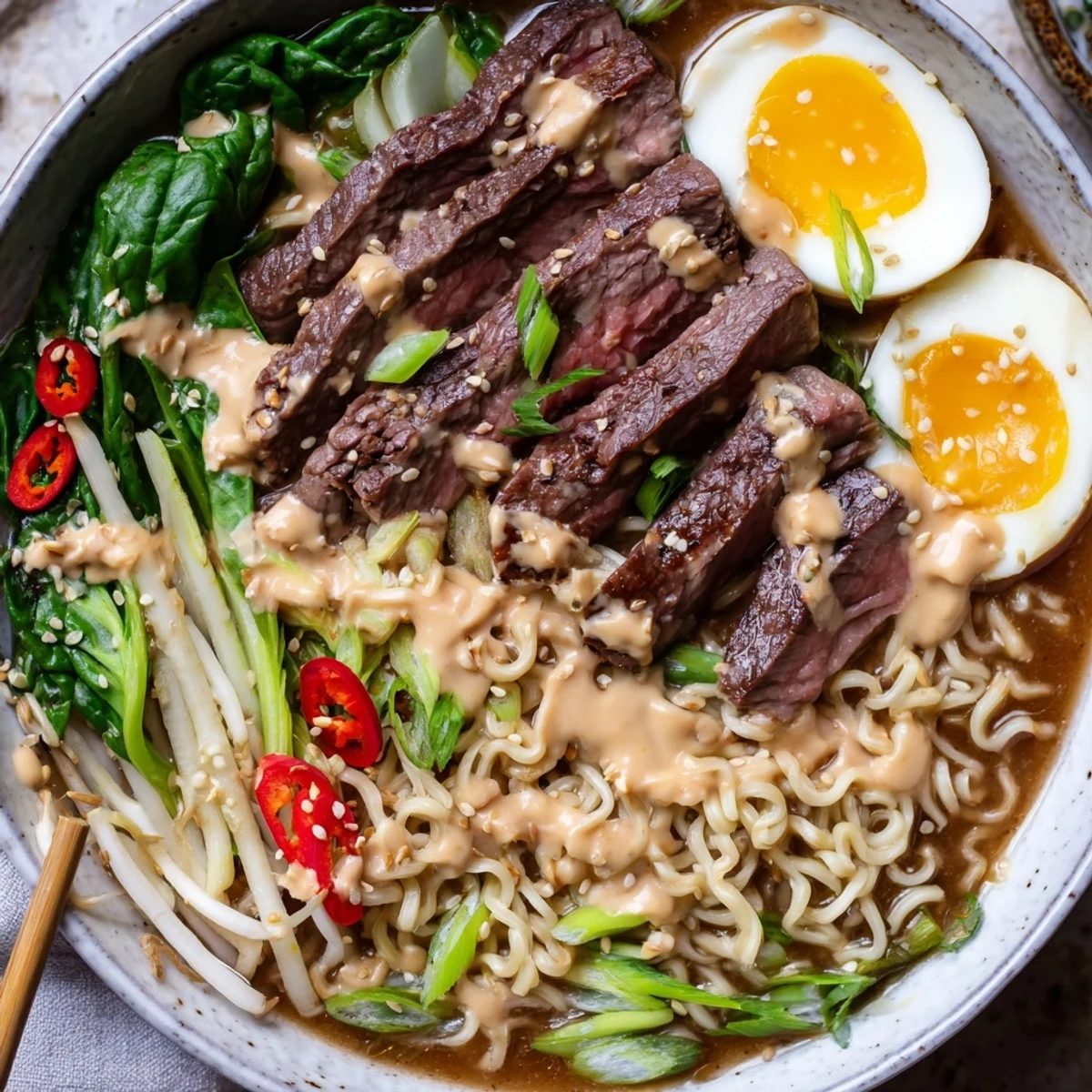 Steaming bowl of spicy beef ramen drizzled with creamy garlic sauce and sesame seed toppings
