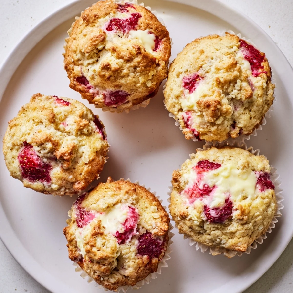 Golden strawberry cream cheese muffins topped with fresh berry slices on a wire cooling rack