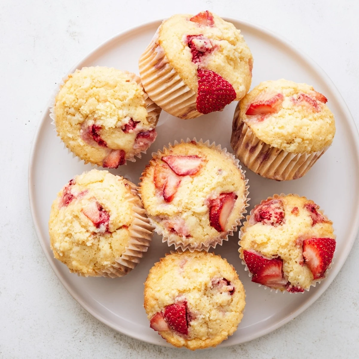 Moist breakfast muffins bursting with juicy strawberries and a creamy center, dusted with powdered sugar