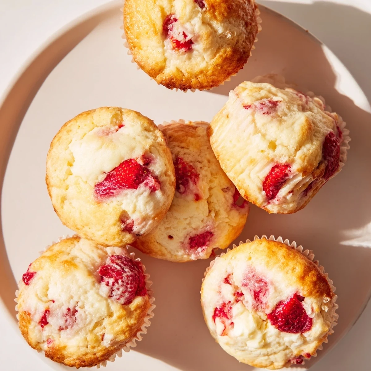 Freshly baked strawberry cream cheese muffins split open revealing the luscious cream cheese filling inside