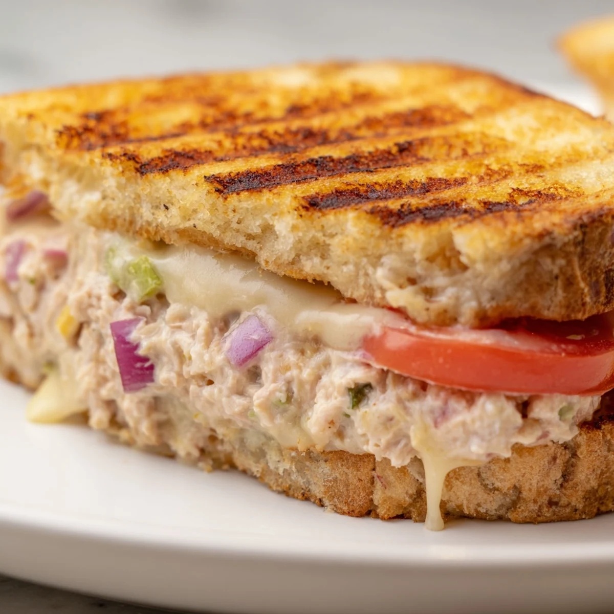 Golden grilled Tuna Melt sandwich cut in half showing melted Swiss cheese and creamy tuna filling