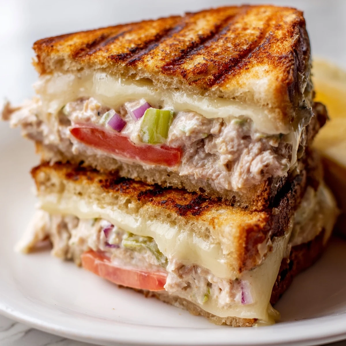 Hot Tuna Melt on skillet with crisp buttered bread and oozing cheddar cheese center