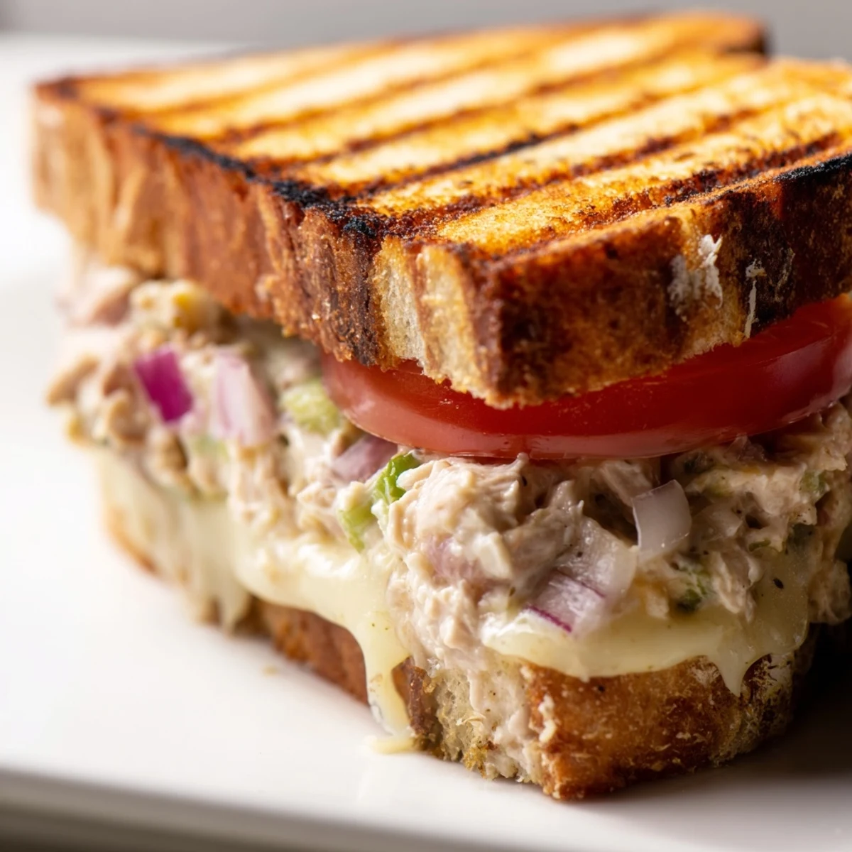Classic American Tuna Melt with tomato slices on golden sourdough, grilled until cheese bubbles