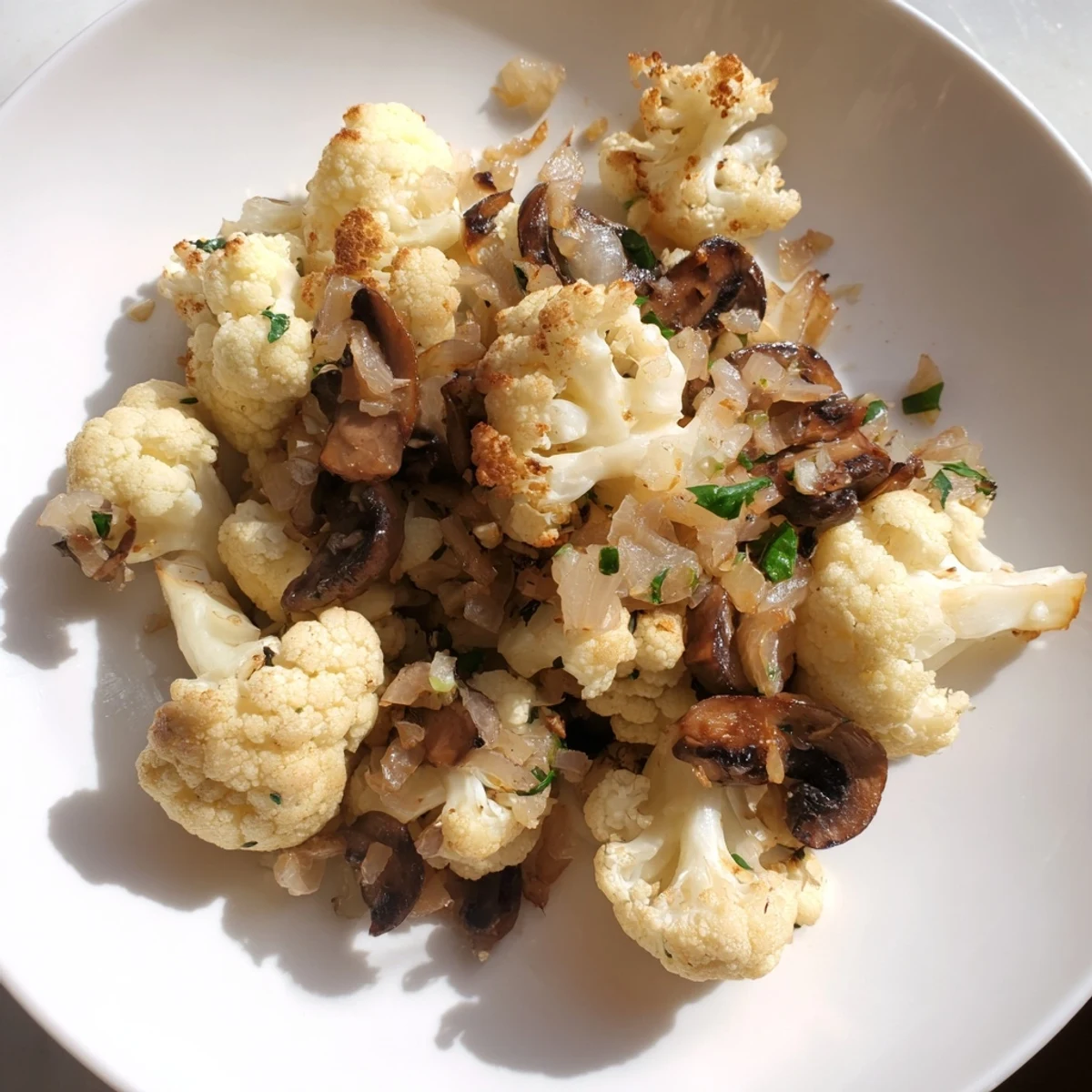 Savory vegetarian skillet dish featuring tender cauliflower florets sautéed with aromatic garlic mushrooms