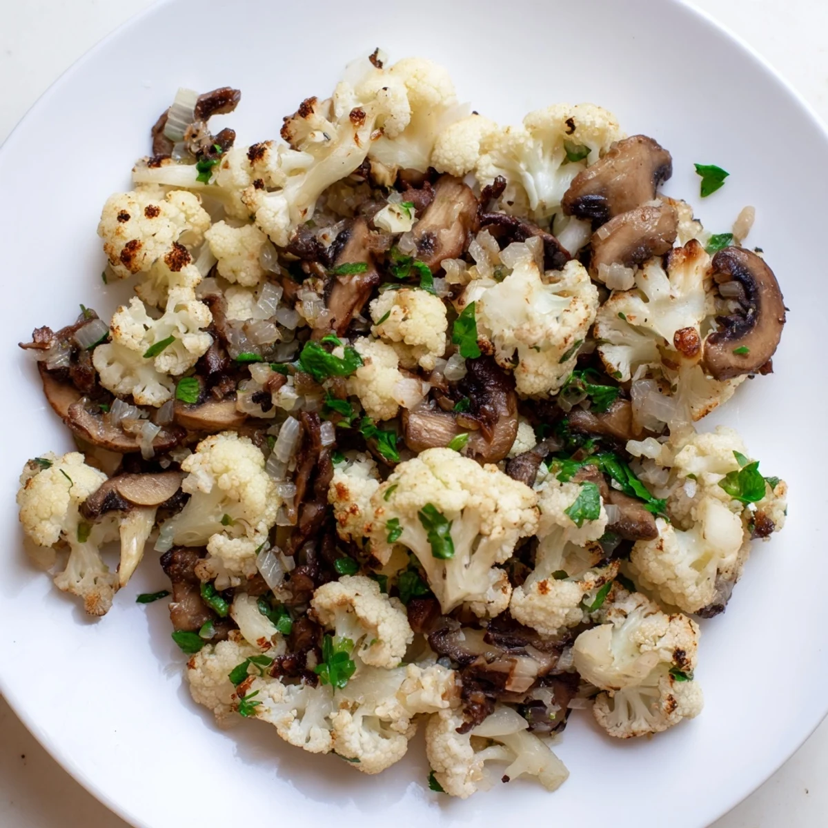 Golden-browned garlic mushrooms and cauliflower skillet garnished with fresh green parsley