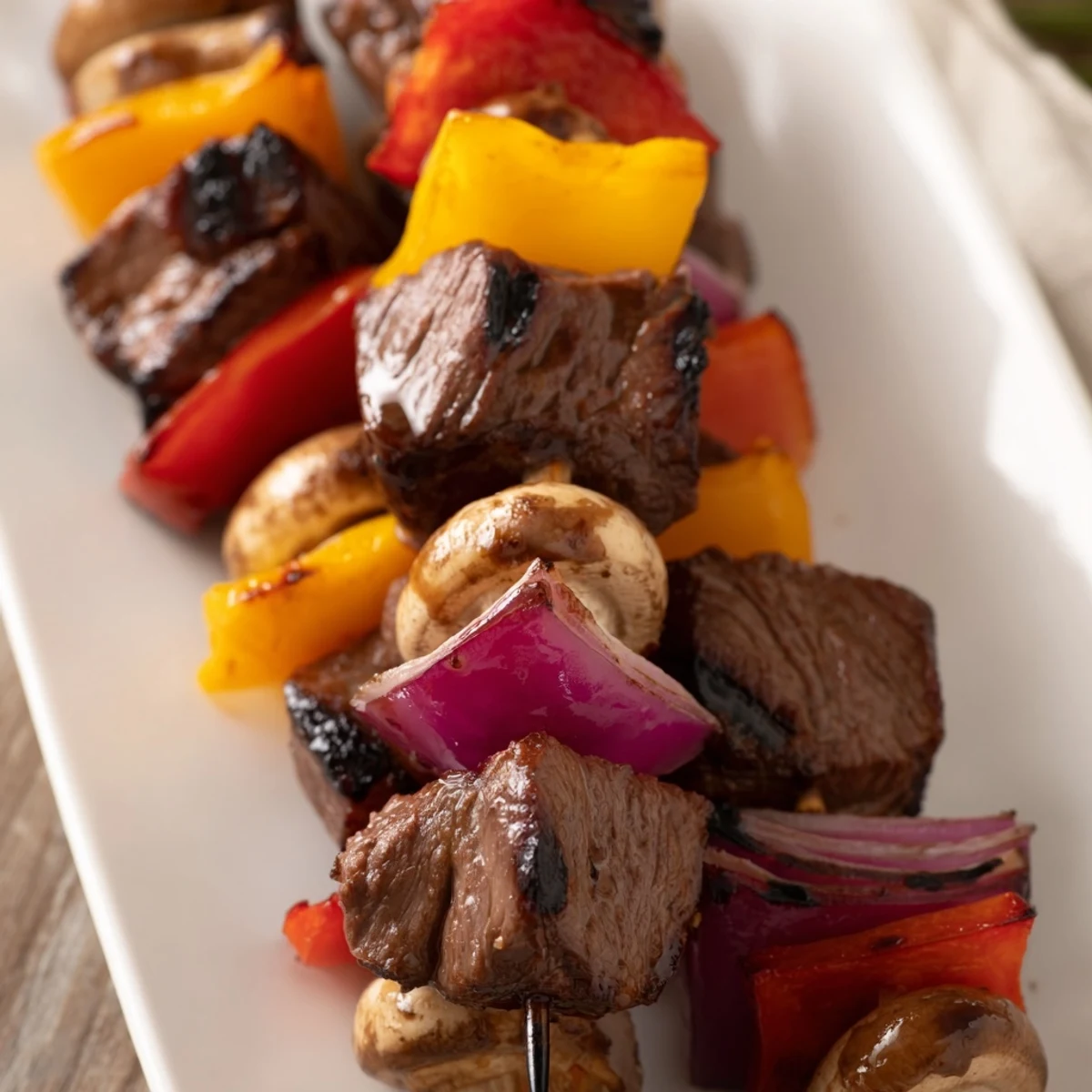 Grilled juicy steak kebabs threaded with colorful bell peppers, onions, and mushrooms on metal skewers