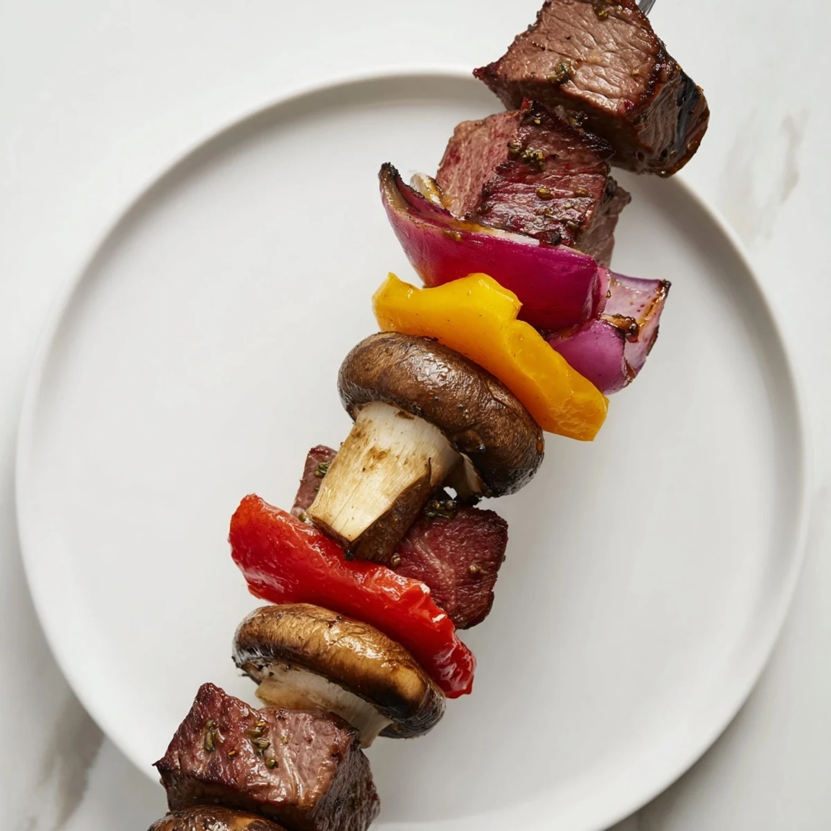 Sizzling summer steak kebabs with savory soy balsamic marinade featuring charred vegetables and tender beef cubes