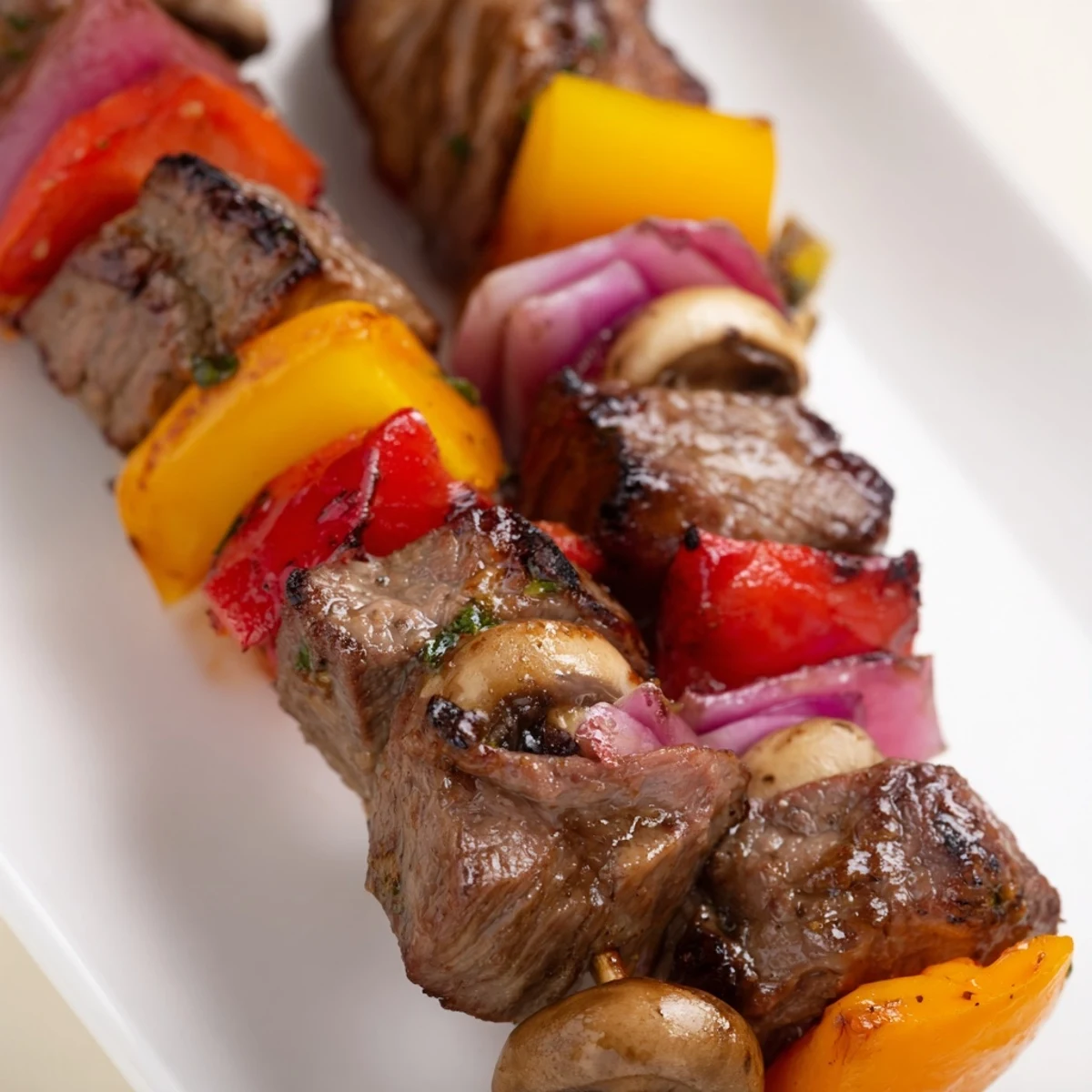 Perfectly grilled juicy steak kebabs with colorful peppers and mushrooms, drizzled with rich, aromatic marinade
