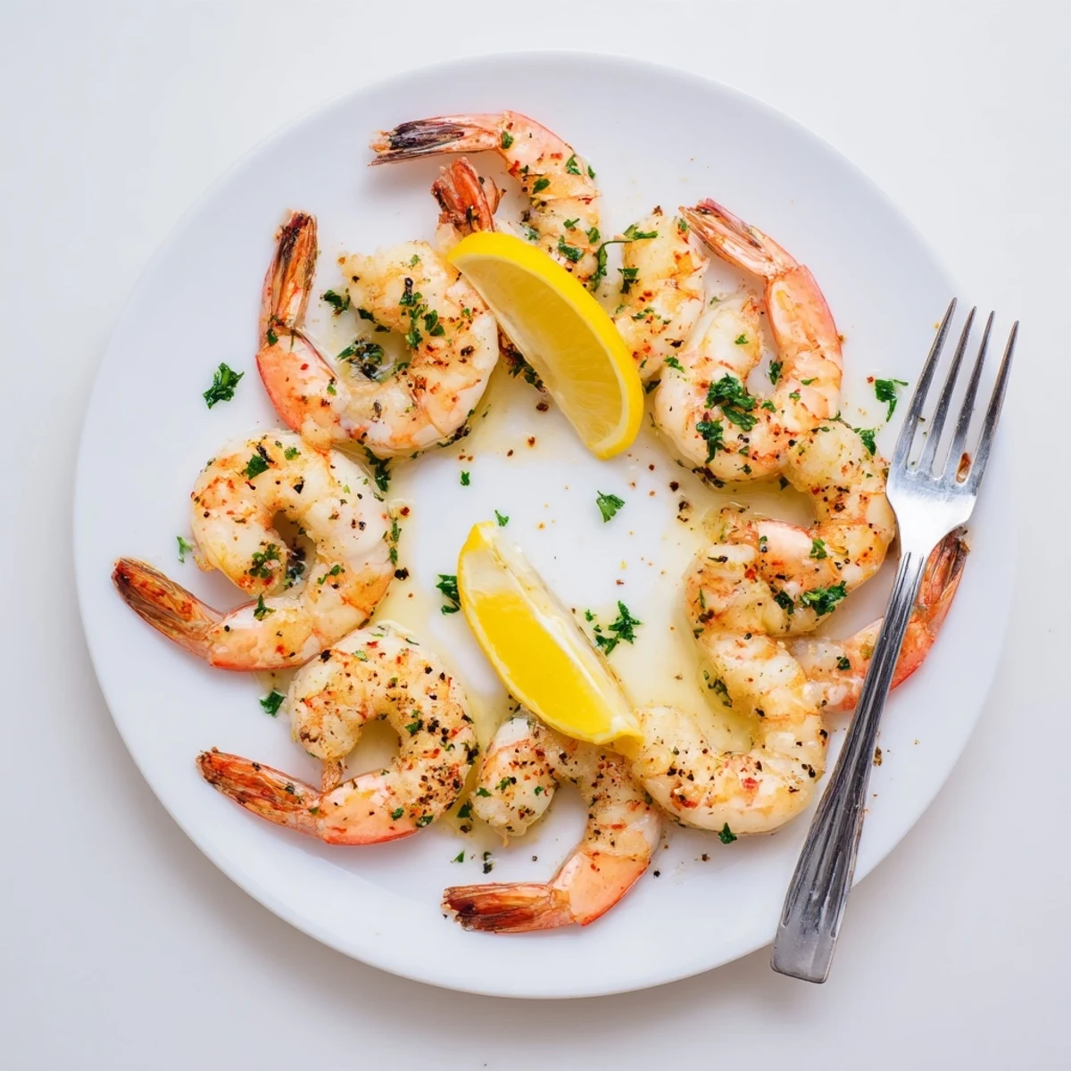 Marinated Grilled Shrimp glistening with char marks, garnished with lemon wedges