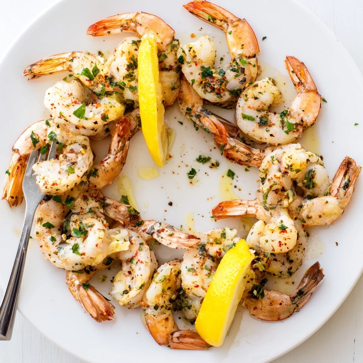 Skewered Marinated Grilled Shrimp releasing smoky aroma, parsley and citrus finish