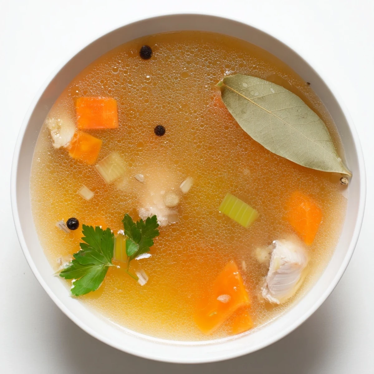 Clear nourishing chicken bone broth slow cooker batch ladled into mugs with fresh parsley