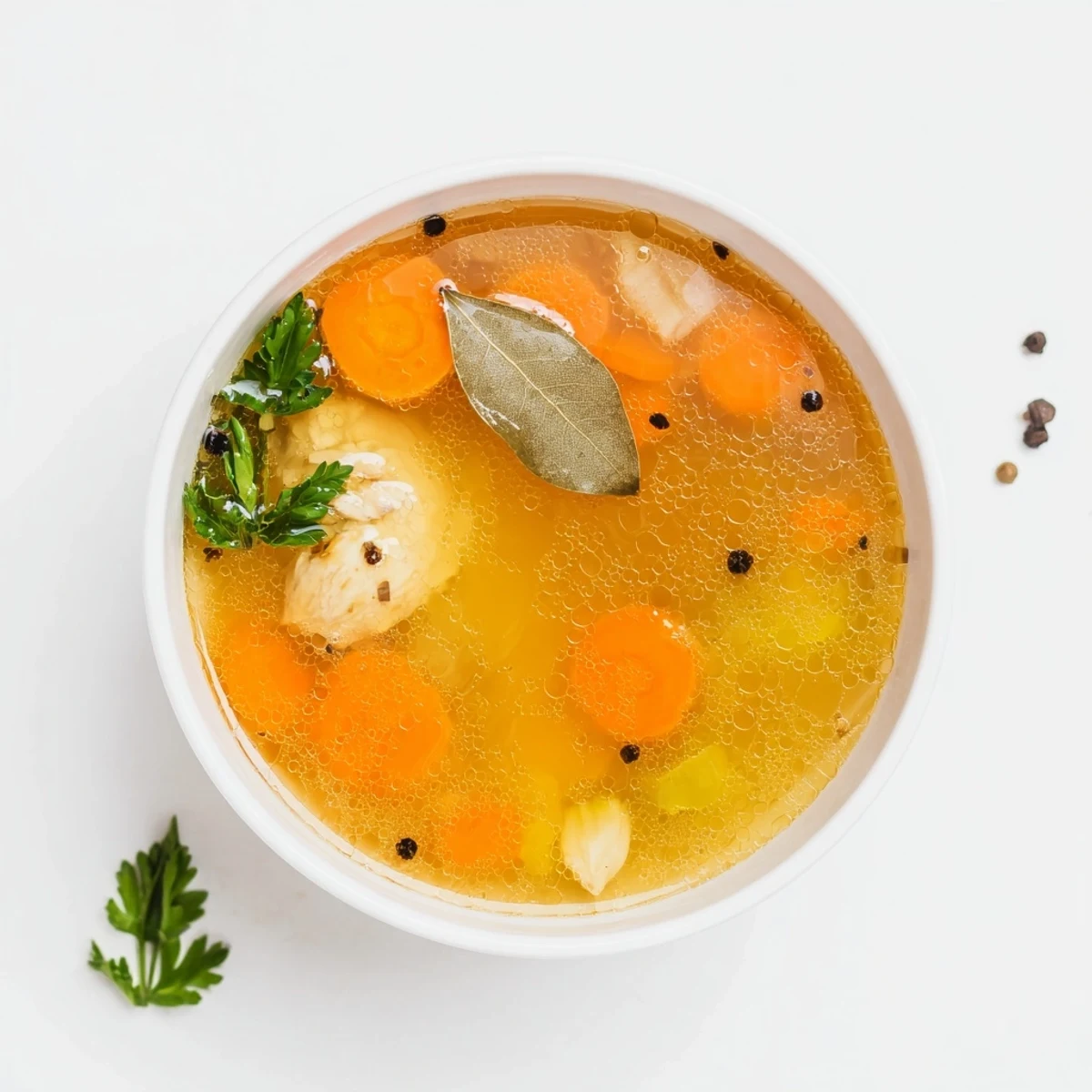 Golden homemade chicken bone broth slow cooker simmered with carrots, celery, and aromatic herbs