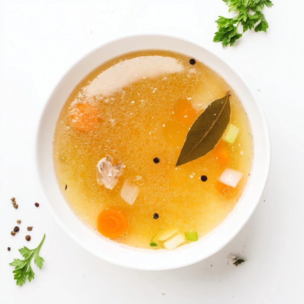 Rich amber chicken bone broth slow cooker recipe steaming in a white ceramic bowl